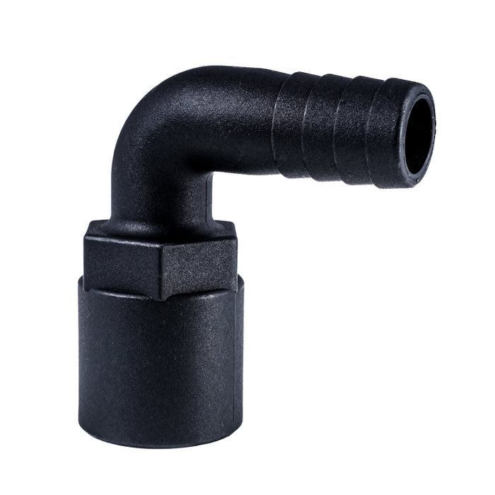 Hose Barb 90deg .75" x .75" (19.1mm x 19.1mm) NPS Female, Black