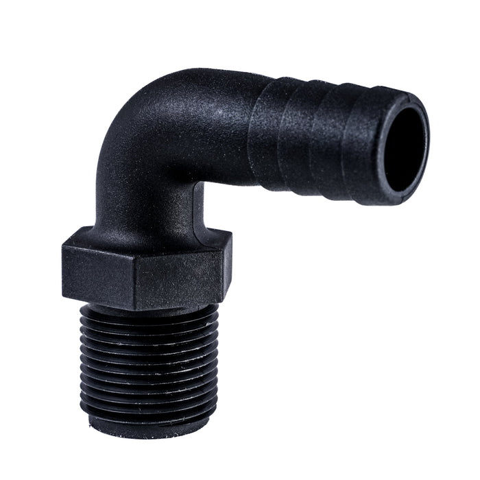 Hose Barb 90deg .75" x .75" (19.1mm x 19.1mm) NPS Long Thread, Black