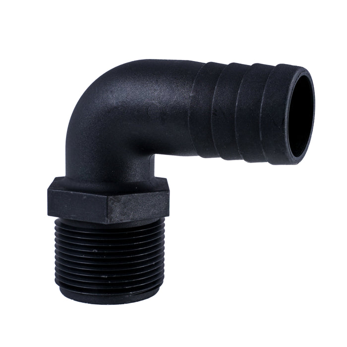 Hose Barb 90deg 1.25" x 1.25" (31.8mm x 31.8mm) NPS Long Thread, Black
