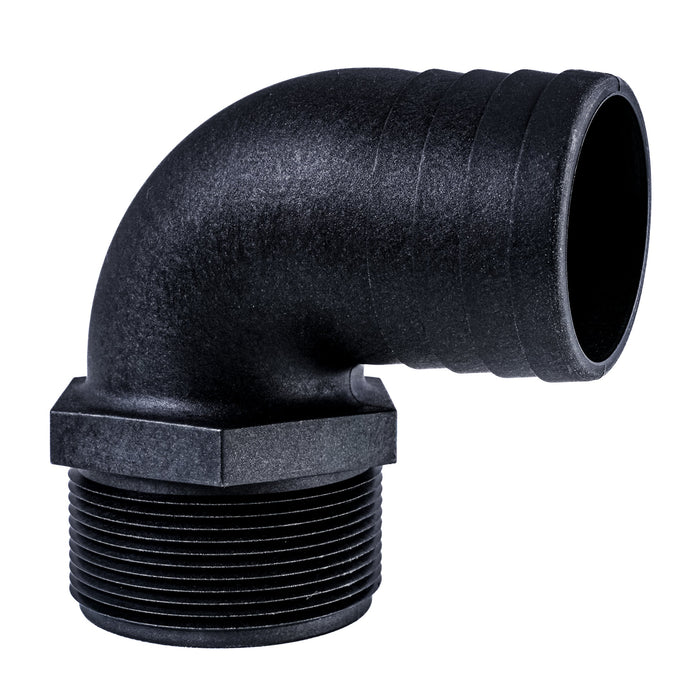 Hose Barb 90deg 2" x 2" (50.8mm x 50.8mm) NPS Long Thread, Black