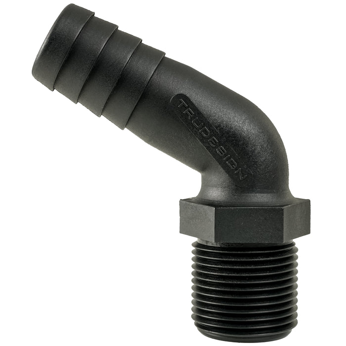 Hose Barb 1" x 1" (25.4mm x 25.4mm) NPS Long Thread 120deg, Black