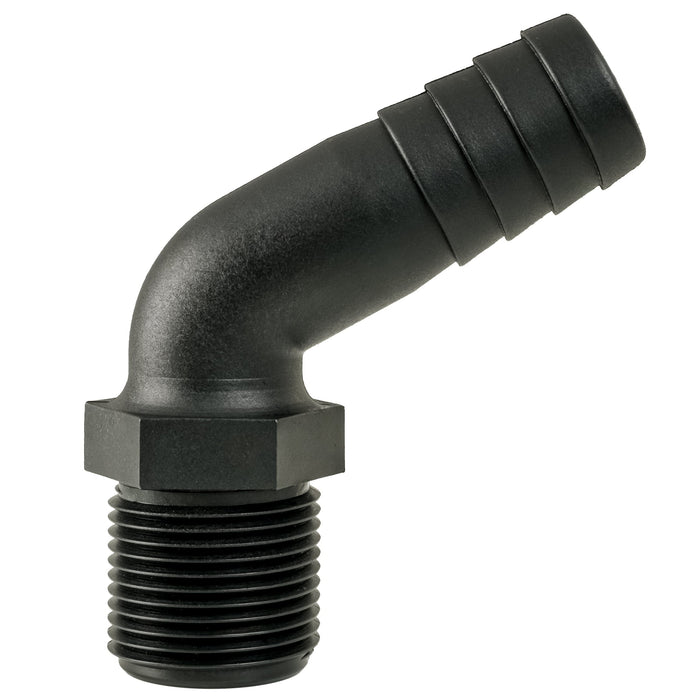 Hose Barb 1" x 1" (25.4mm x 25.4mm) NPS Long Thread 120deg, Black