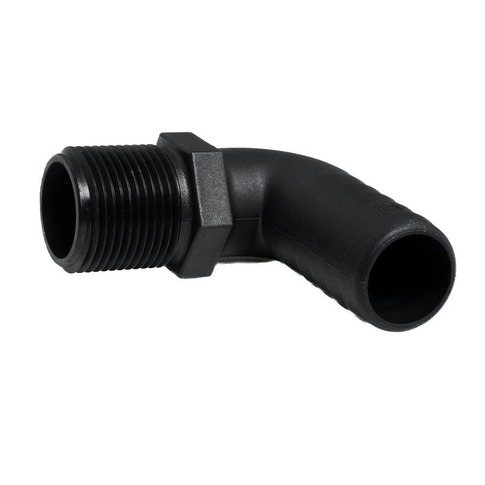 Hose Barb 90deg Unequal 1.125" x 1" (28.6mm x 25.4mm) NPS Long Thread, Black