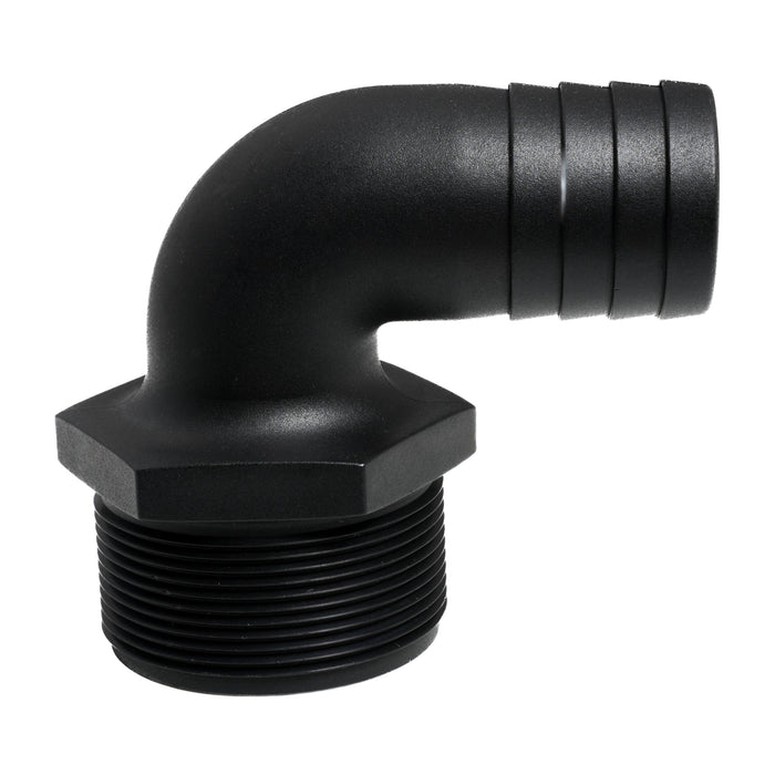 Hose Barb 90deg Unequal 1.5" x 2" (38.1mm x 50.8mm) NPS Long Thread, Black