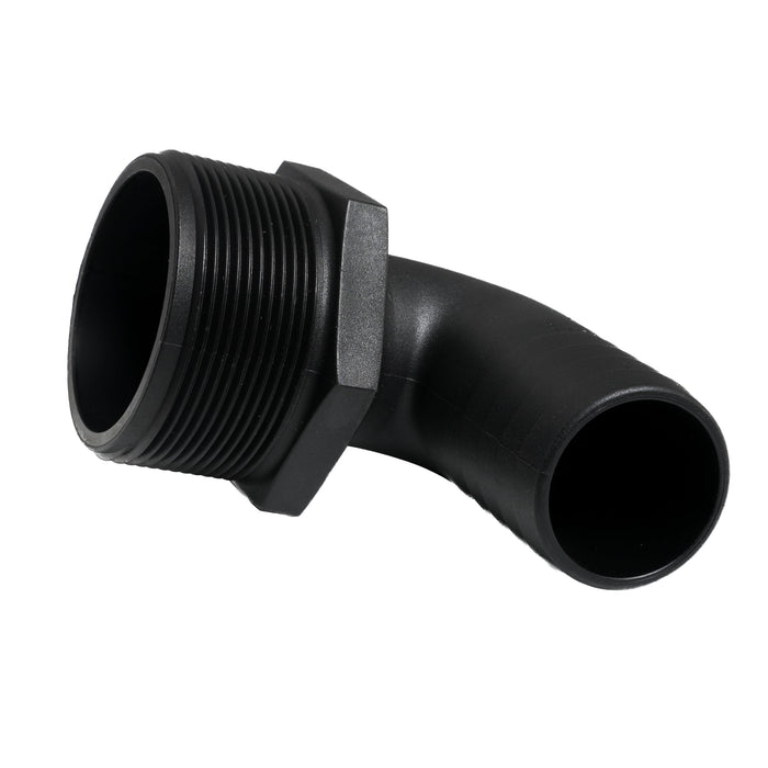 Hose Barb 90deg Unequal 1.5" x 2" (38.1mm x 50.8mm) NPS Long Thread, Black
