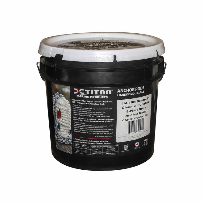 Titan Chain CAR8P12150H1450 Eight Strand Anchor Rode, 1/2" x 150' Line, 1/4" x 50' Chain