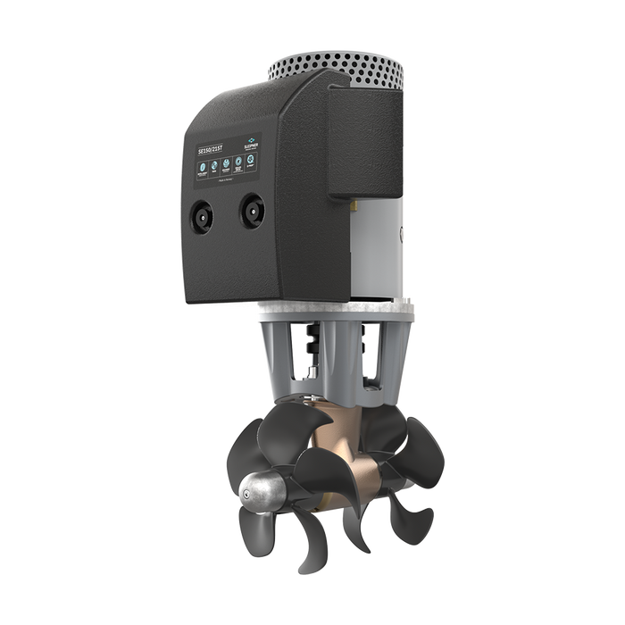 A black Side-Power thruster with twin props designed for mid-sized boats, featuring a sealed gearleg and digital control interface.
