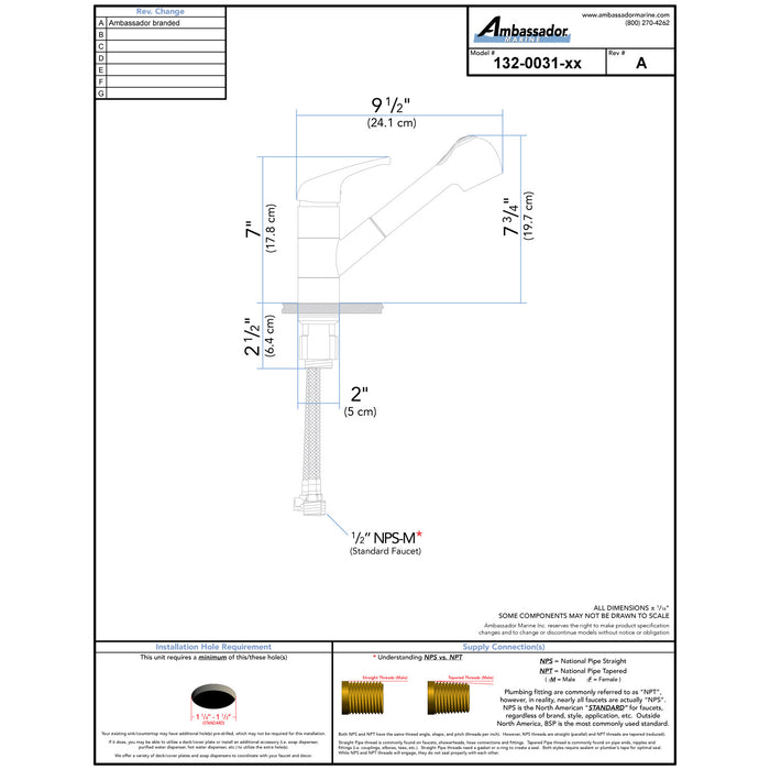 Ambassador Marine 132-0031-NP Universal/Pacifica- Pull-Out Galley Faucet w/6' SS Hose (Brushed Nickel)