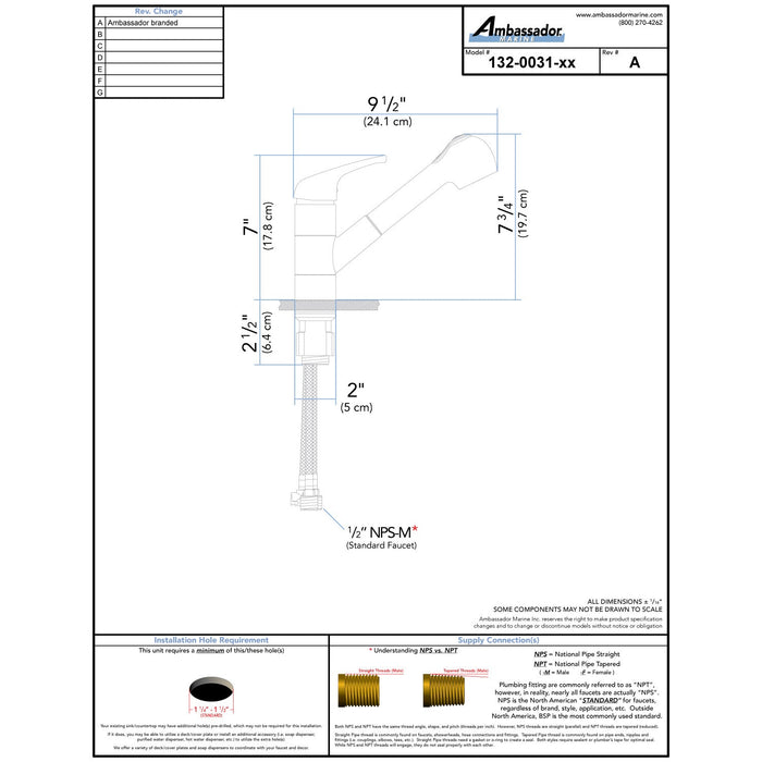 Grifo extraíble para cocina Ambassador Marine 132-0031-CP Universal/Pacifica con manguera de acero inoxidable de 1,8 m (cromado)