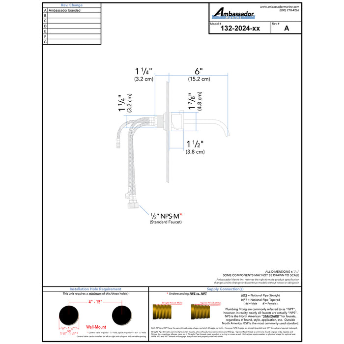 Ambassador Marine 132-2024-NP Artaine- Wall-Mount Faucet (Brushed Nickel)