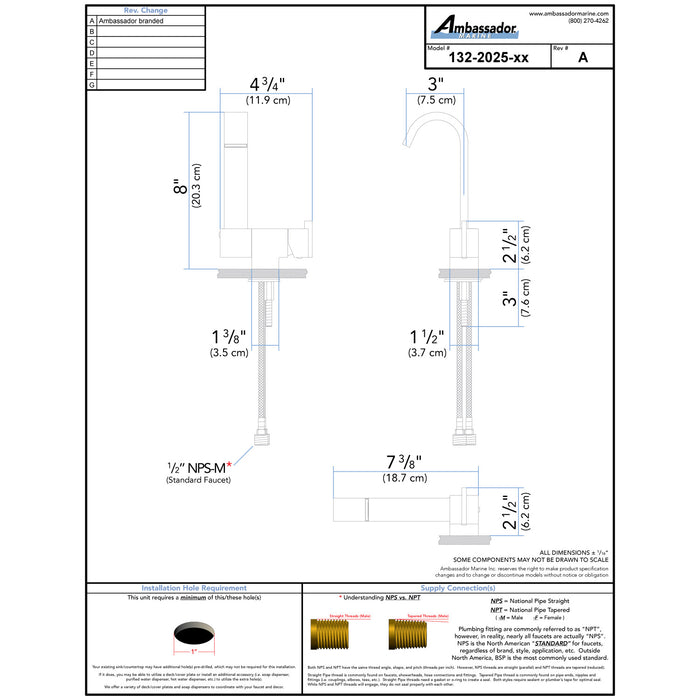 Ambassador Marine 132-2025-NP Artaine- Elite Folding Faucet (Ribbon J-Spout) (Brushed Nickel)