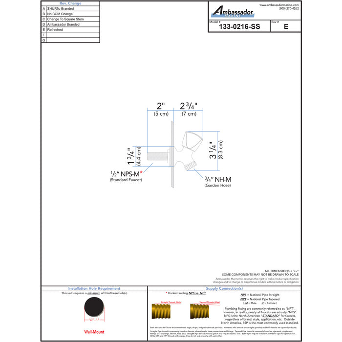 Ambassador Marine 133-0216-SS Trinidad- Washdown Spigot (316 Stainless Steel)