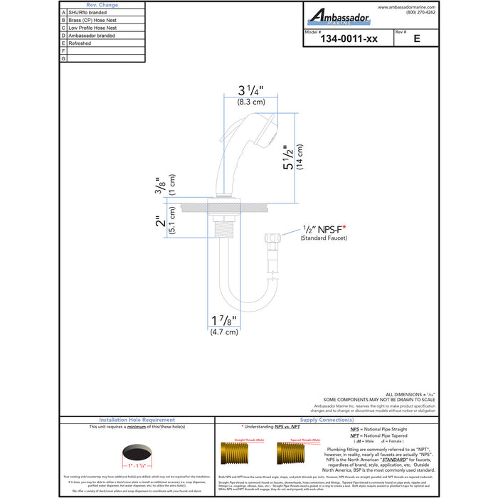 Ambassador Marine 134-0011-CP-R Deck-Mount Sprayer- Small Chrome Sprayer, 6' Black Rubber Hose, Ultra-Low Profile Holder