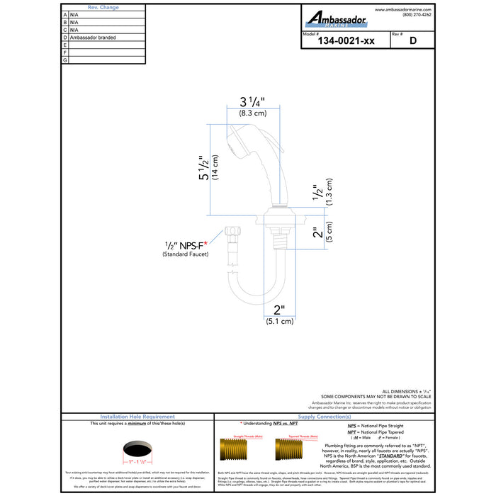 Ambassador Marine 134-0021-AW-R Deck-Mount Sprayer- Small Arctic White Sprayer, 10' White Rubber Hose, Low Profile Holder
