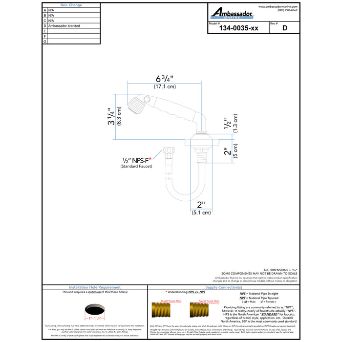 Ambassador Marine 134-0035-WH-R Deck-Mount Sprayer- Classic Warm White Sprayer, 10' White Rubber Hose, Low Profile Holder