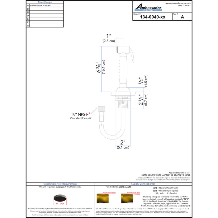 Ambassador Marine 134-0040-WH-R Deck-Mount Sprayer- Hammer-Head Warm White Sprayer, 6' White Rubber Hose, Elite Holder