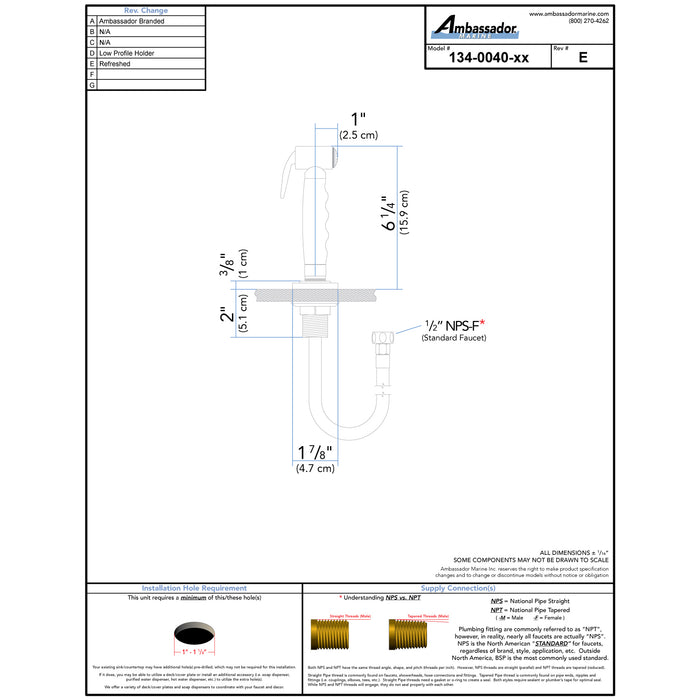 Ambassador Marine 134-0040-AW-R Deck-Mount Sprayer- Hammer-Head Arctic White Sprayer, 6' White Rubber Hose, Ultra-Low Profile Holder