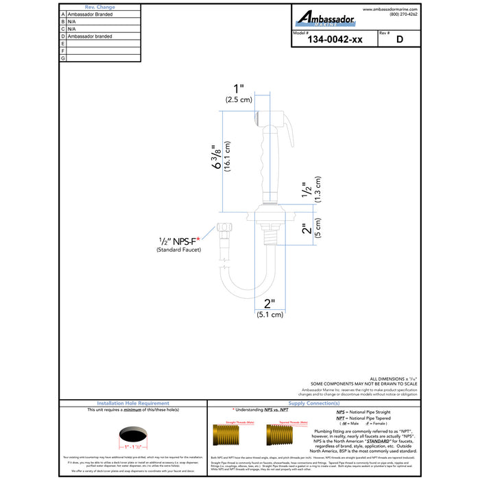 Ambassador Marine 134-0042-AW-R Deck-Mount Sprayer- Hammer-Head Arctic White Sprayer, 10' White Rubber Hose, Low Profile Holder