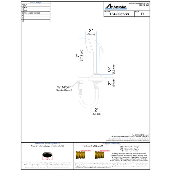 Ambassador Marine 134-0052-CP Deck-Mount Sprayer- Large Chrome Sprayer, 6' Stainless Steel Hose, Low Profile Holder