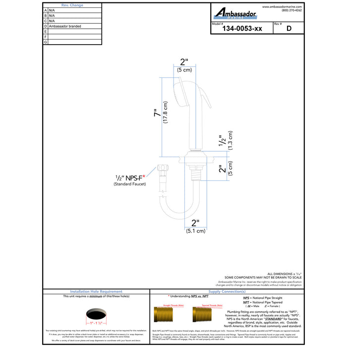Ambassador Marine 134-0053-CW Deck-Mount Sprayer- Large Chrome Sprayer, 10' White Rubber Hose, Low Profile Holder