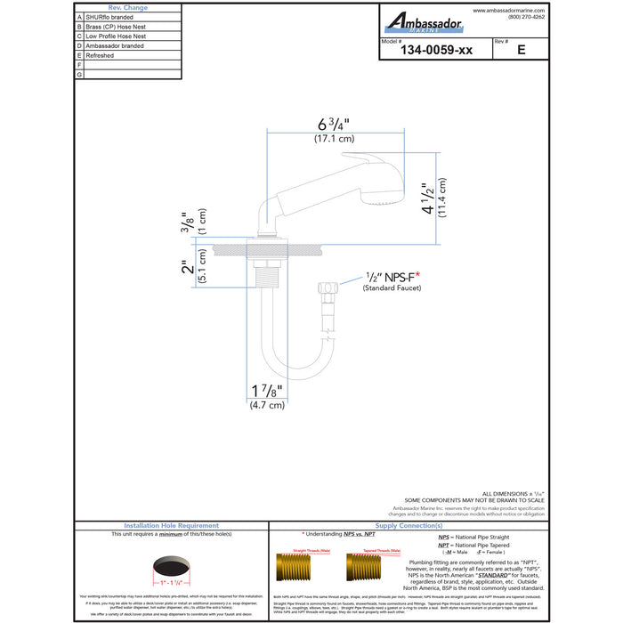Ambassador Marine 134-0059-WH-R Deck-Mount Sprayer- Large Warm White Sprayer (No Hook), w/Elbow, 6' White Rubber Hose, Ultra-Low Profile Holder