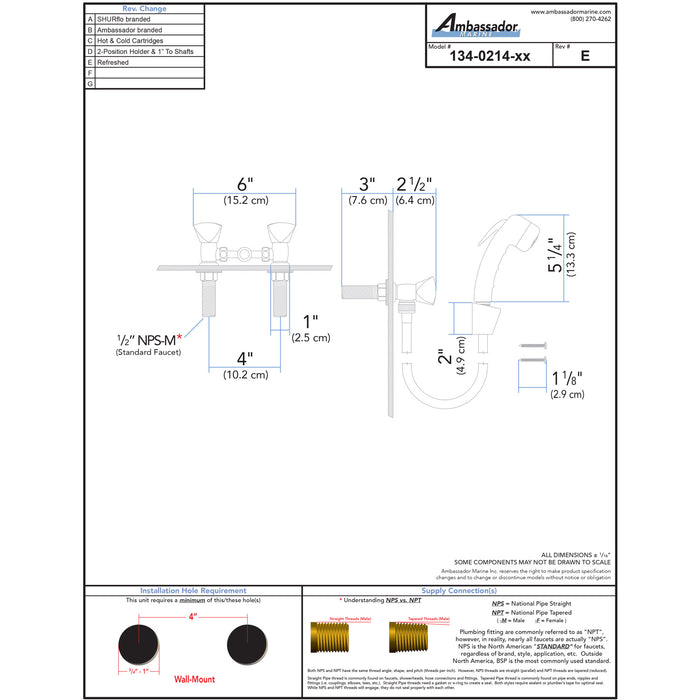 Ambassador Marine 134-0214-CP Trinidad- 2H External Shower Mixer (Small Chrome Sprayer, 6' Black Rubber Hose) (Chrome)