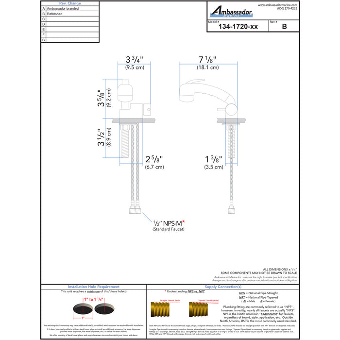 Ambassador Marine 134-1720-CP Aidack- Pull-Out Deck Tap (Cold Only) (Small Chrome Sprayer (No Hook), 6' Black Rubber Hose) (Chrome)