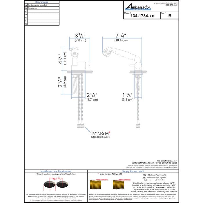Ambassador Marine 134-1734-CW Aidack- Pull-Out Deck Tap (Cold Only) (Classic Warm White Sprayer, 6' Stainless Steel Hose) (Chrome/Warm White)