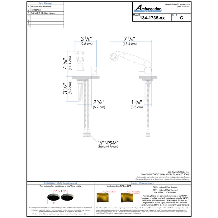 Ambassador Marine 134-1735-CW Aidack- Pull-Out Deck Tap (Cold Only) (Classic Warm White Sprayer, 10' White Rubber Hose) (Chrome/Warm White)