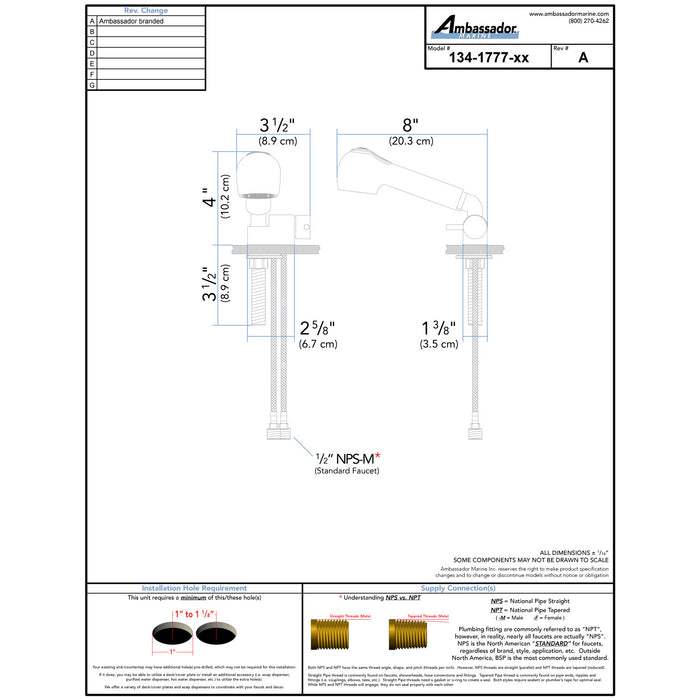 Ambassador Marine 134-1777-CW Aidack- Pull-Out Deck Tap (Cold Only) (Pull-Out Kitchen Sprayer, 6' White Rubber Hose) (Chrome/White)
