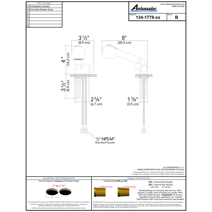 Ambassador Marine 134-1779-CW Aidack- Pull-Out Deck Tap (Cold Only) (Pull-Out Kitchen Sprayer, 10' White Rubber Hose) (Chrome/White)