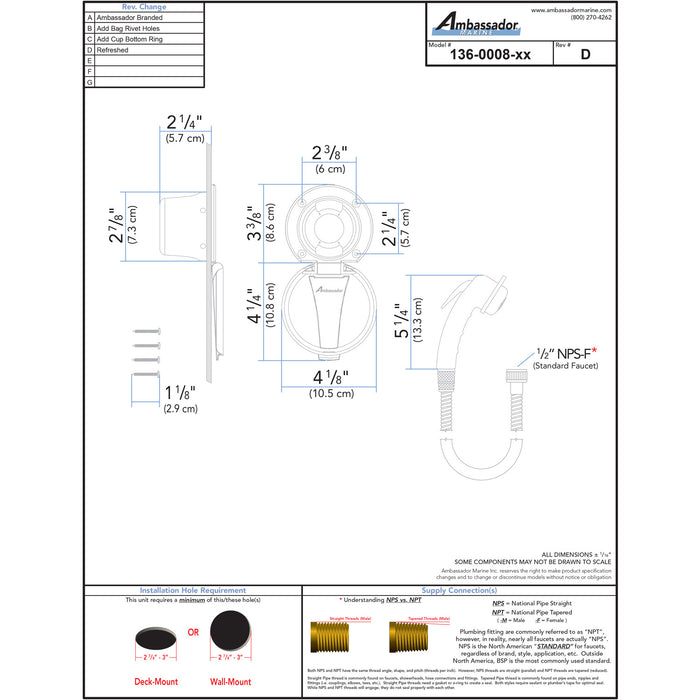 Ambassador Marine 136-0008-CP-R Recessed Shower- Chrome Cup & Lid, Small Chrome Sprayer, 6' Stainless Steel Hose