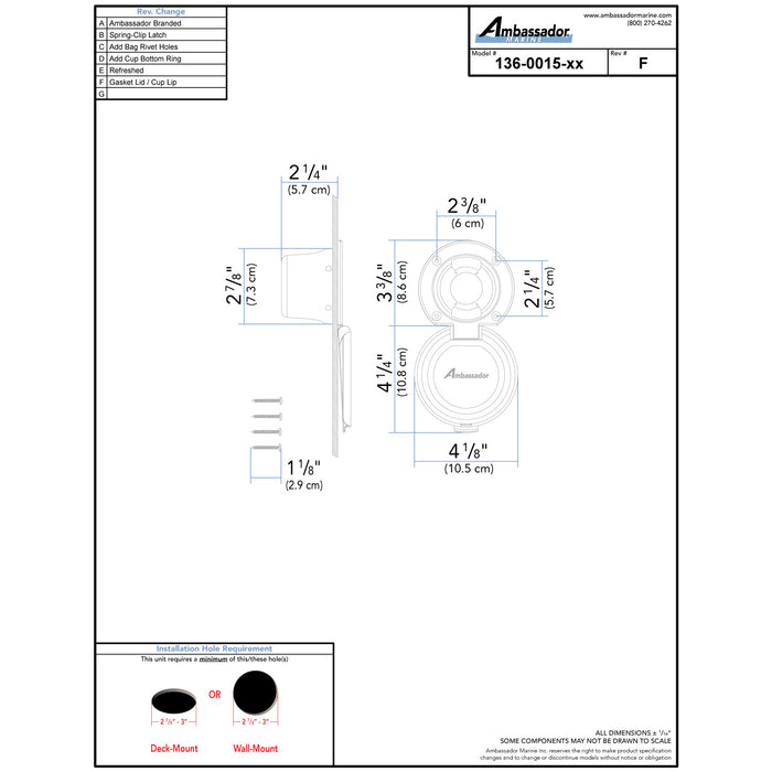 Ambassador Marine 136-0015-KP Recessed Cup & Lid Set (Stainless Steel Lid w/Gasket / Plastic Cup) (Black)