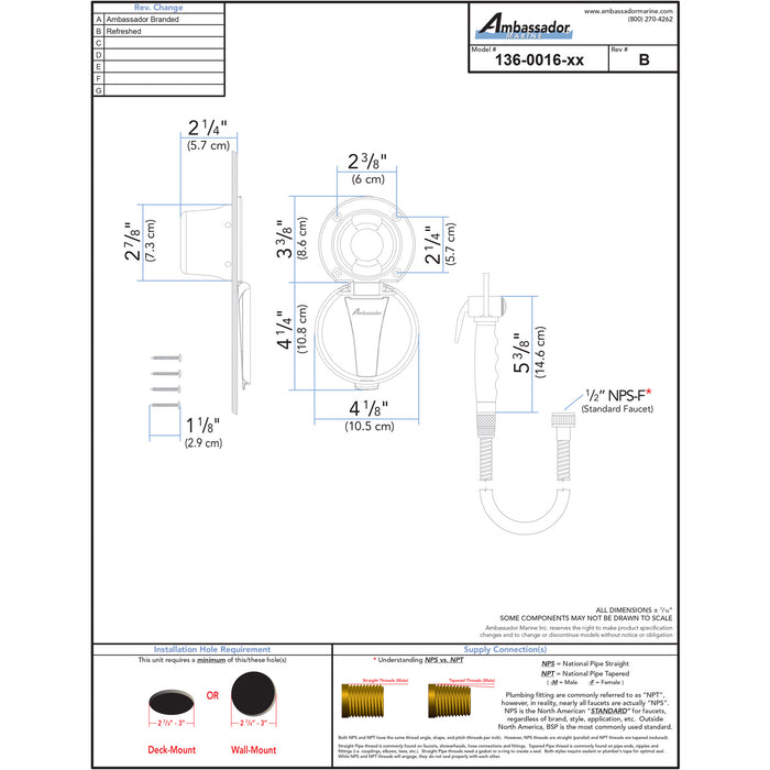 Ambassador Marine 136-0016-CP-R Recessed Shower- Chrome Cup & Lid, Hammer-Head Black Sprayer, 6' Stainless Steel Hose