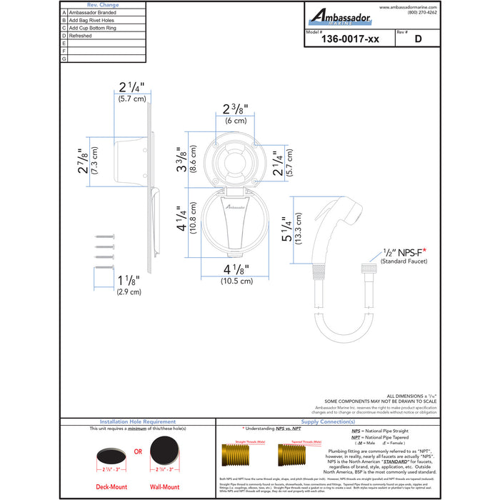Ambassador Marine 136-0017-WH-R Recessed Shower- Warm White Cup & Lid, Small Warm White Sprayer (No Hook), 10' White Rubber Hose