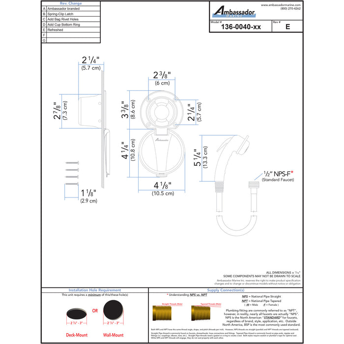 Ambassador Marine 136-0040-CP-R Recessed Shower- Chrome Cup with Stainless Steel Lid, Small Chrome Sprayer, 6' Black Rubber Hose