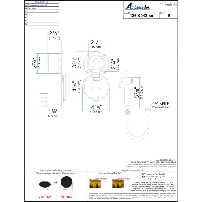 Ambassador Marine 136-0042-CP-R Recessed Shower- Chrome Cup with Stainless Steel Lid, Hammer-Head Black Sprayer, 6' Black Rubber Hose