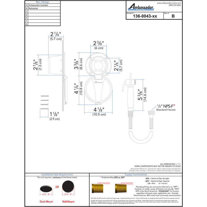 Ducha empotrada Ambassador Marine 136-0043-AW-R - Taza blanca ártica con tapa de acero inoxidable, rociador Hammer-Head blanca ártica, manguera de acero inoxidable de 1,8 m