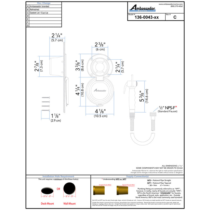 Ambassador Marine 136-0043-KP-R Recessed Shower- Black Cup with Stainless Steel Lid w/Gasket, Hammer-Head Black Sprayer, 6' Stainless Steel Hose