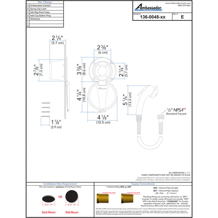 Ambassador Marine 136-0048-AW-R Recessed Shower- Arctic White Cup with Stainless Steel Lid, Small Arctic White Sprayer, 6' Stainless Steel Hose