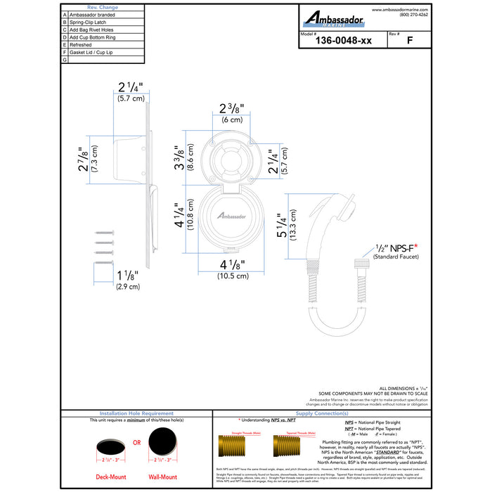 Ducha empotrada Ambassador Marine 136-0048-KP-R - Taza negra con tapa de acero inoxidable y junta, rociador negro pequeño, manguera de acero inoxidable de 1,8 m
