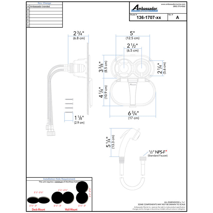 Ambassador Marine 136-1707-CW Aidack- Transom Shower (Hot/Cold Mixer), Chrome Cup & Lid, Small Chrome Sprayer, 10' White Rubber Hose, Chrome Aidack Handle