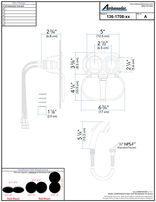 Ambassador Marine 136-1708-AW Aidack- Transom Shower (Hot/Cold Mixer), Arctic White Cup & Lid, Small Arctic White Sprayer, 6' Stainless Steel Hose, Chrome Aidack Handle