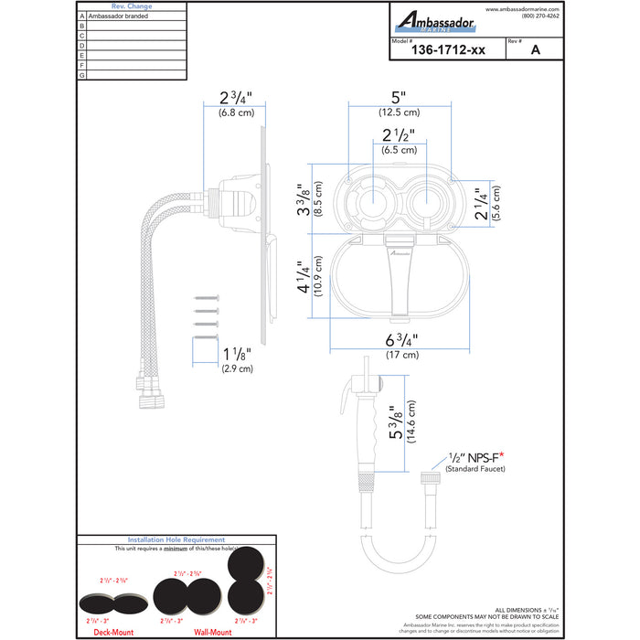 Ambassador Marine 136-1712-CP Aidack- Transom Shower (Hot/Cold Mixer), Chrome Cup & Lid, Hammer-Head Black Sprayer, 6' Black Rubber Hose, Chrome Aidack Handle