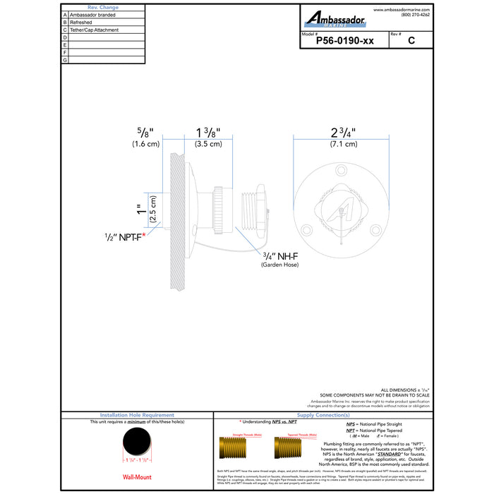 Ambassador Marine P56-0190-SS Water Inlet, with Cap (316 Stainless Steel)