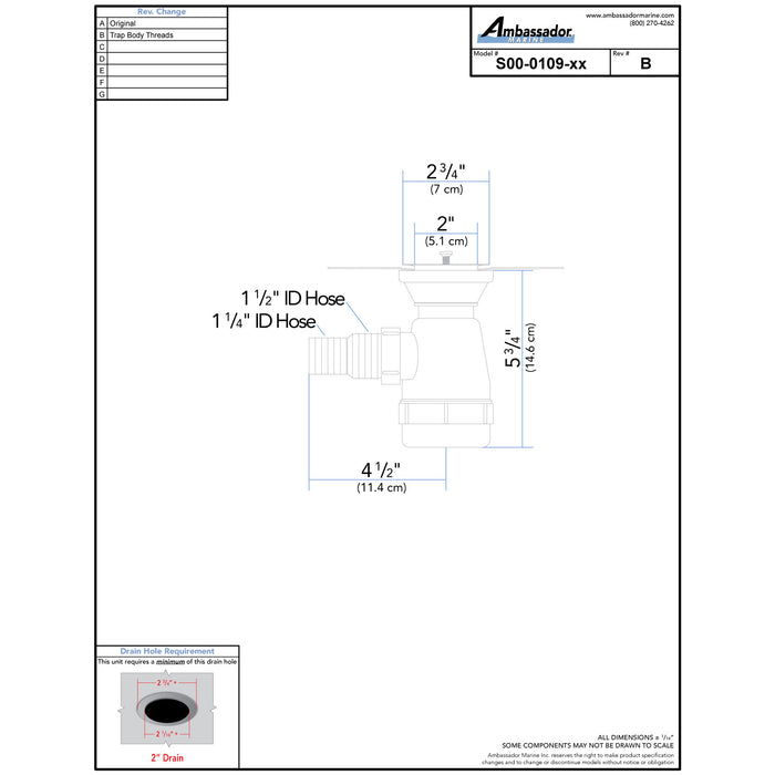Embajador Marine S00-0109-UP-R Drenaje de 2", sifón para fregadero, espiga para manguera de 1 1/4" y 1 1/2", con tope de cadena (acabado ultraespejo)
