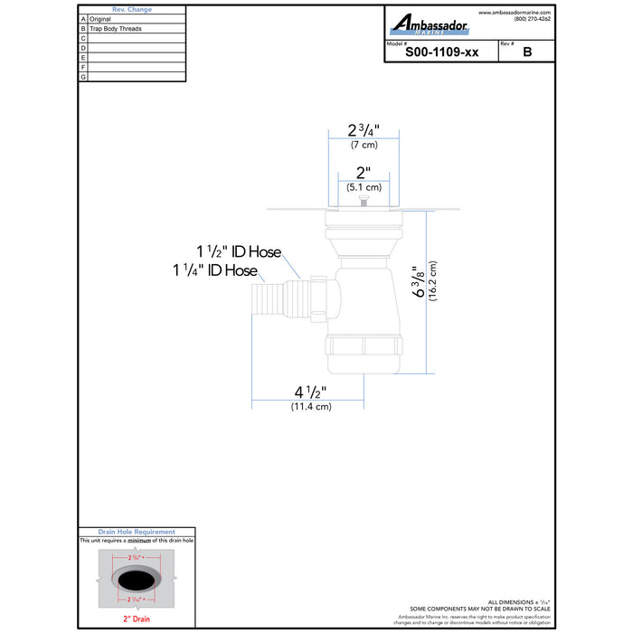 Ambassador Marine S00-1109-UP-R 2" Drain, Trap Sink Drain, 1 1/4" & 1 1/2" Hose Barb, w/Strainer, w/Chain Stopper (Ultra-Mirror Finish)