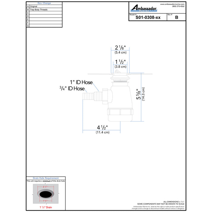 Ambassador Marine S01-0308-NP-R 1 1/2" Drain, Flip Trap Sink Drain (no Overflow), 3/4" & 1" Hose Barb (Brushed Nickel)