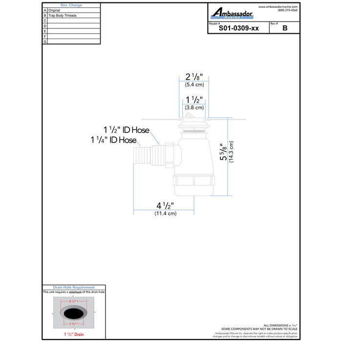 Ambassador Marine S01-0309-NP-R 1 1/2" Drain, Flip Trap Sink Drain (no Overflow), 1 1/4" & 1 1/2" Hose Barb (Brushed Nickel)