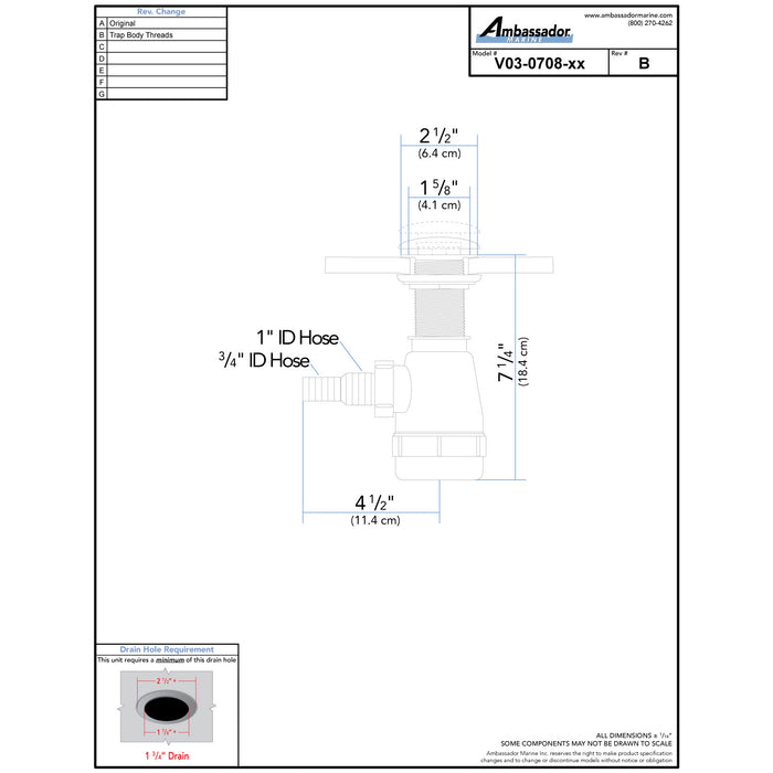 Ambassador Marine V03-0708-CP-R 1 3/4" Drain, Touch Trap Sink Drain (with Cover) (no Overflow), 3/4" & 1" Hose Barb (Chrome)